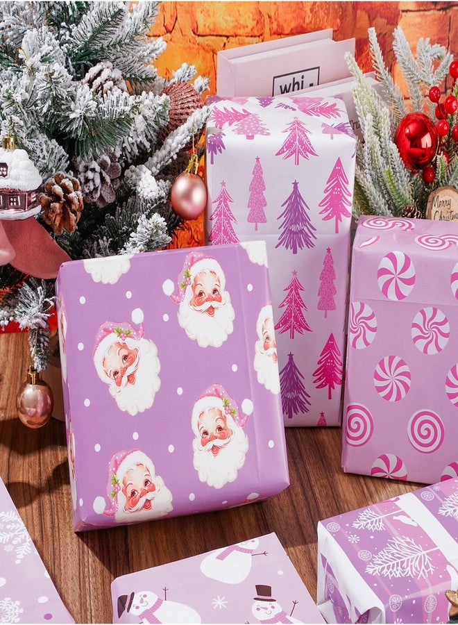 Whaline 12 Sheets Christmas Wrapping Paper - Not Roll - Pink Purple Santa Reindeer Tree Snowman Gift Wrap Paper Folded Flat for DIY Crafts Xmas Winter Holiday Party, 19.7 x 27.6 Inch - Image 4